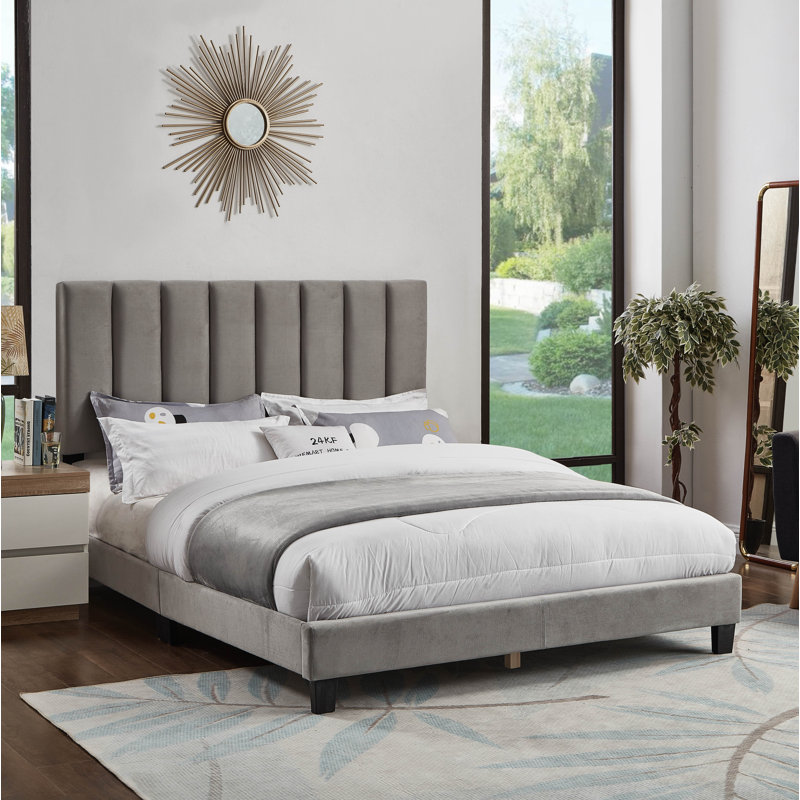 Lit tapissier standard à profil bas, Double, Gris