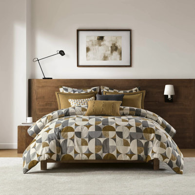 Édredon 9 pièces pour très grand lit doré avec finesse Mid-Century, rembourrage en duvet synthétique pour le confort, housse amovible et coussins décoratifs avec fermetures à glissière anti-rayures, chaleur d'appoint, caché