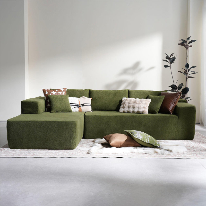 No Assembly Required Compression Packed Bonless Corduroy Fabric Sofa, Left Hand Facing, Green Teddy