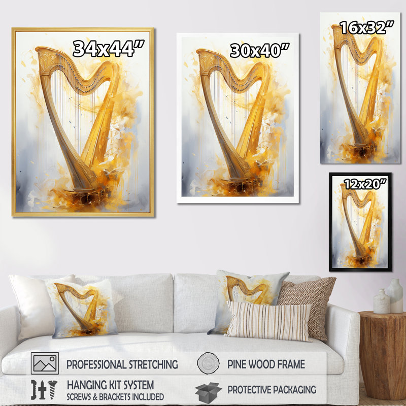 «Harp Harmony Golden Serenity III - Music», reproduction d'art mural, Toile tendue, H 32 po x l 24 po
