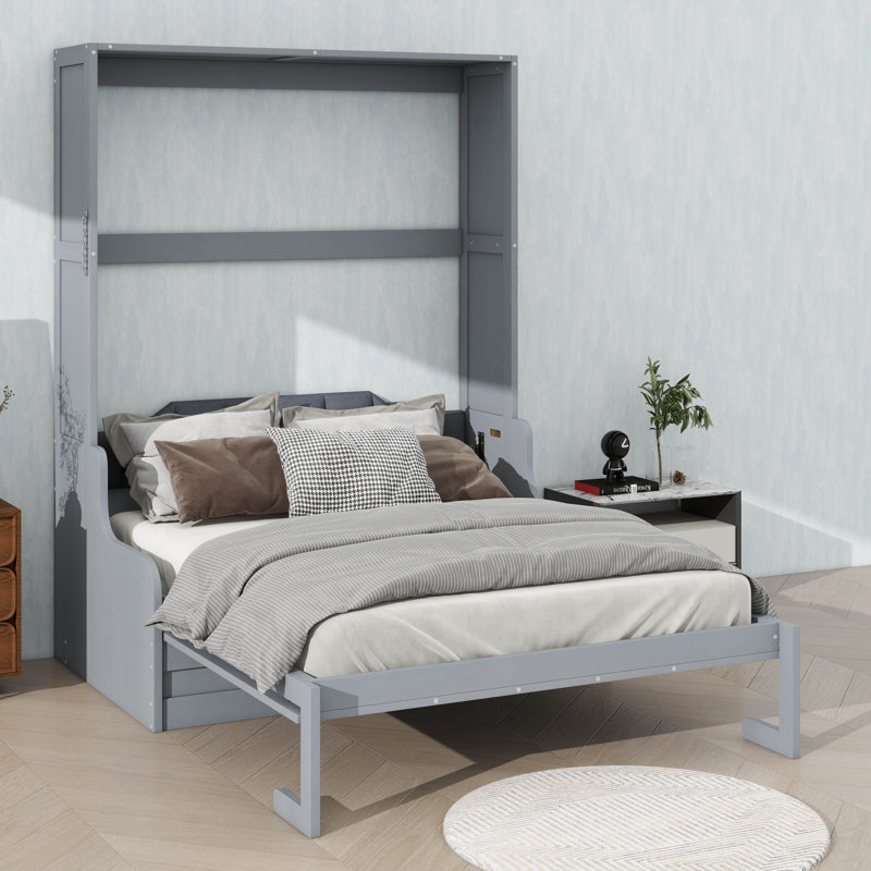 Grand lit escamotable mural avec coussin, cadre de lit pliant en bois convertible en canapé, Gris
