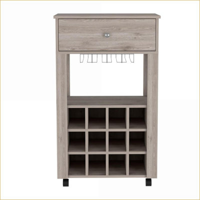Chariot-bar moderne avec 12 porte-bouteilles, 8 porte-verres à pied, tiroir et amp; Roulettes - gris clair | Panneau de particules