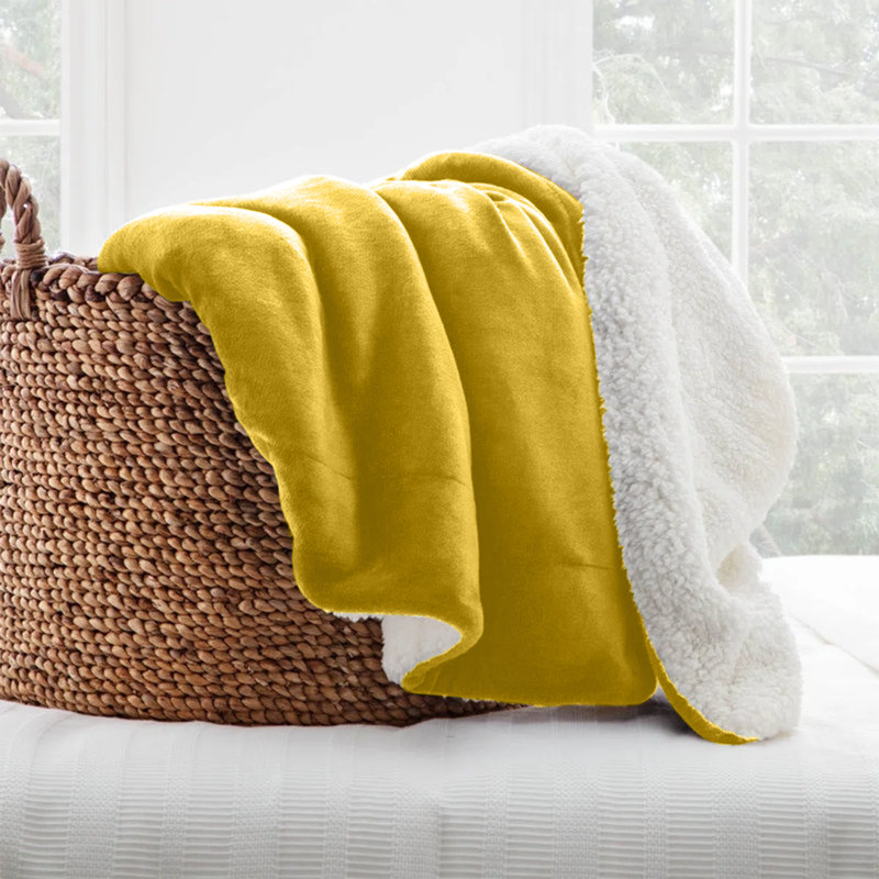 Reversible Soft Sherpa Fleece Fur Thick Dual Sided Blanket Throw, 200cm x 240cm, Yellow