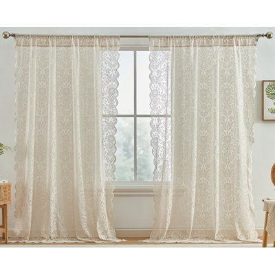 Rideaux décoratifs en dentelle douce à motif floral chinoiserie, semi-transparents, filtrant la lumière, à œillets, pour chambre et salon - Ensemble de 2 panneaux (54 x 84 pouces de long, ivoire)