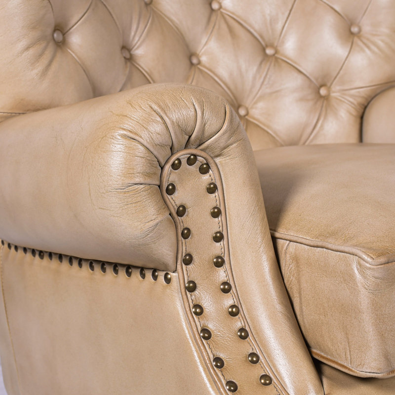 Genuine Leather Upholstered Armchair in Cream