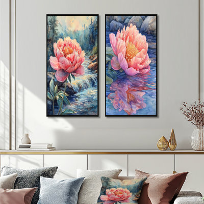 Pivoines et la rivière de montagne III - Art mural floral 2 pièces