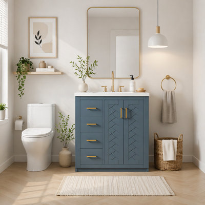 30 Inch Solid Wood Frame Bathroom Vanity With Ceramic Sink, 3 Drawers And Soft Closing Doors For Efficient Storage
