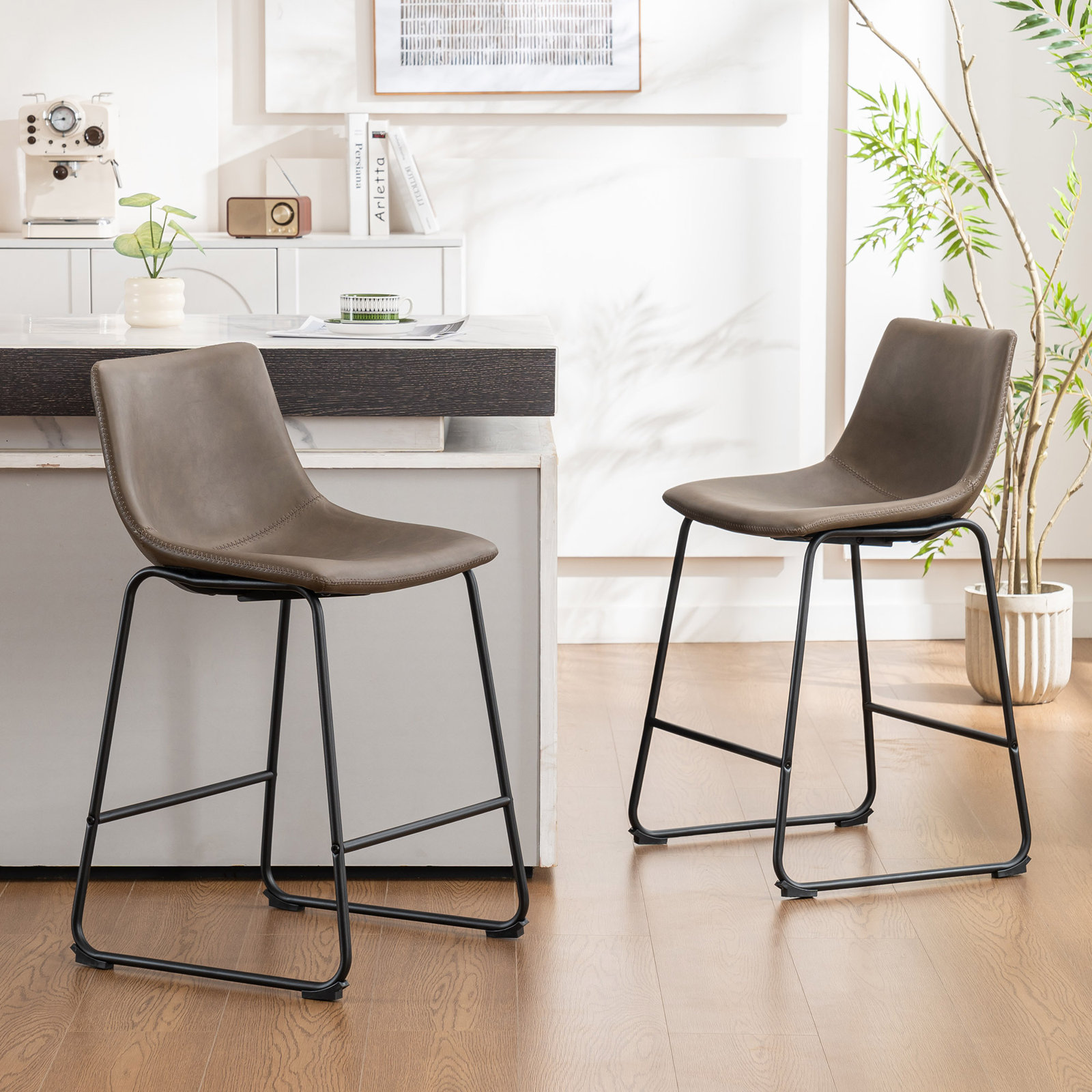 Anke Vegan Leather Armless (Set of 2), Dark Brown, Counter Stool (24” Seat Height)