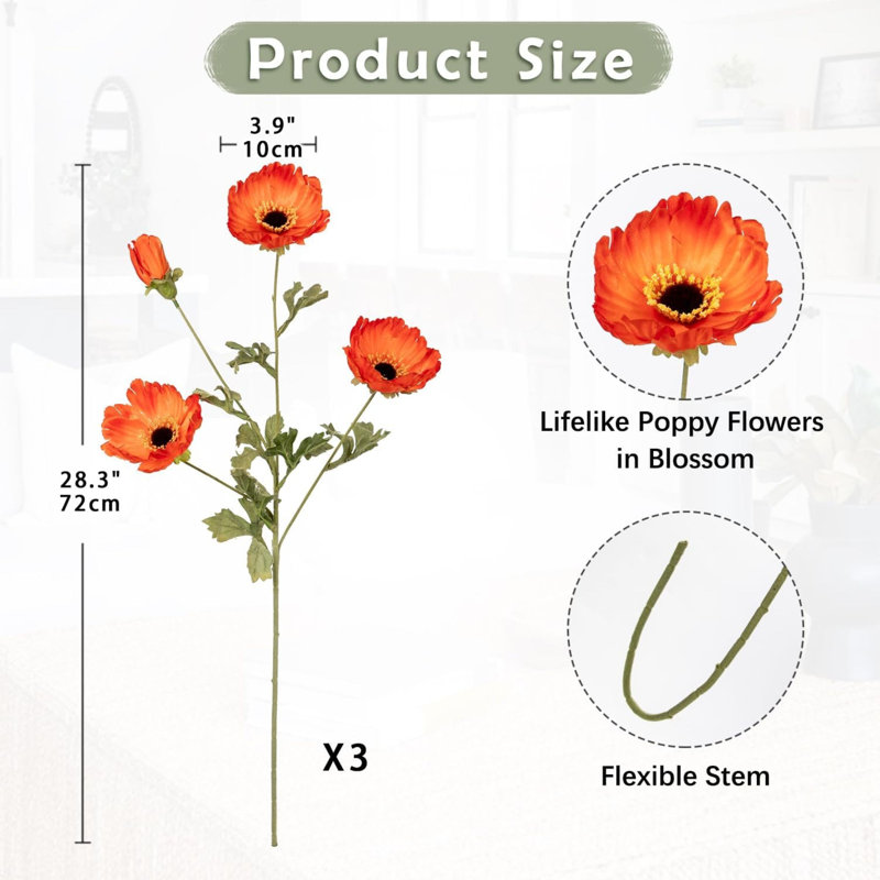 3Pcs 28.3" Orange Artificial Silk Poppy Flowers