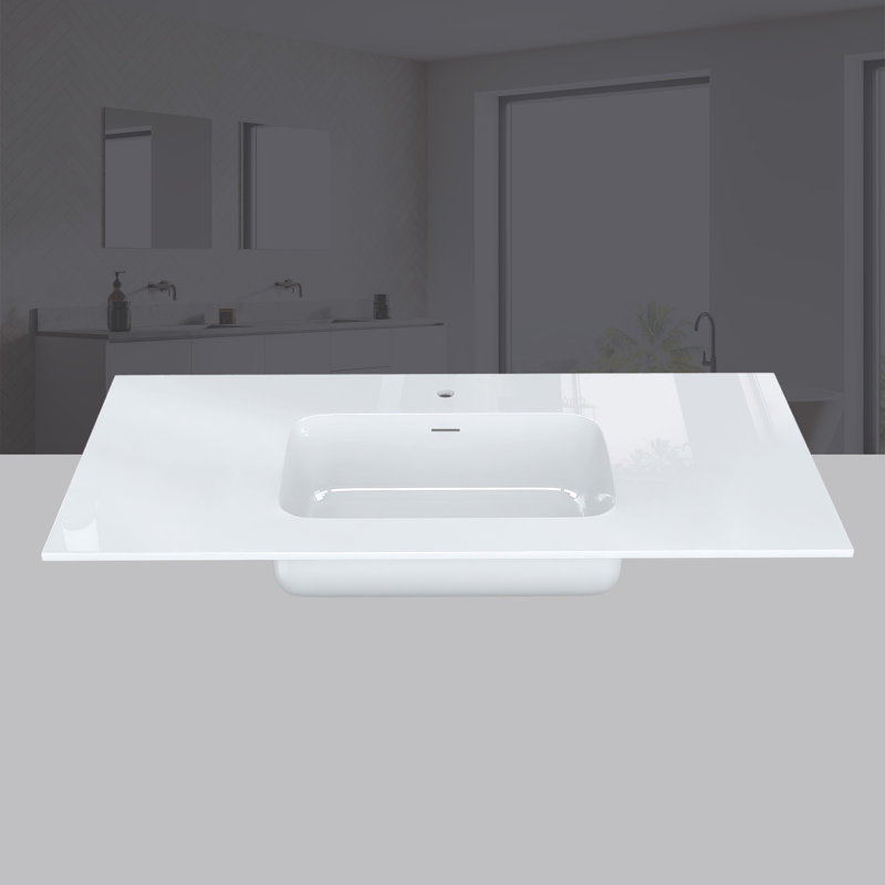48 Inch Solid Surface Bathroom Vanity Top with Integrated Sink, Slim 0.56" Thick Countertop, Bright White Modern Design, Lightweight & Easy Install