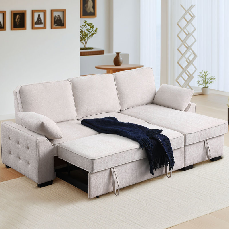 91" Convertible Sleeper Sectional Sofa with Pull-Out Bed, Storage Chaise, Beige Polyester Blend