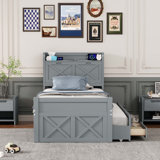 Twin Size Wooden Bed with Storage Headboard and Outlets, Extendable with Twin Trundle and Three Drawers, Grey