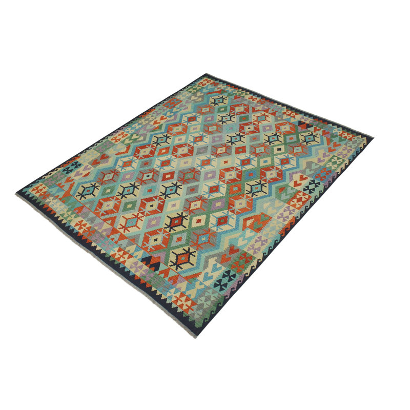 Tapis bleu rouille géométrique fait à la main 8 pi 4 po x 9 pi 8 po Kemry