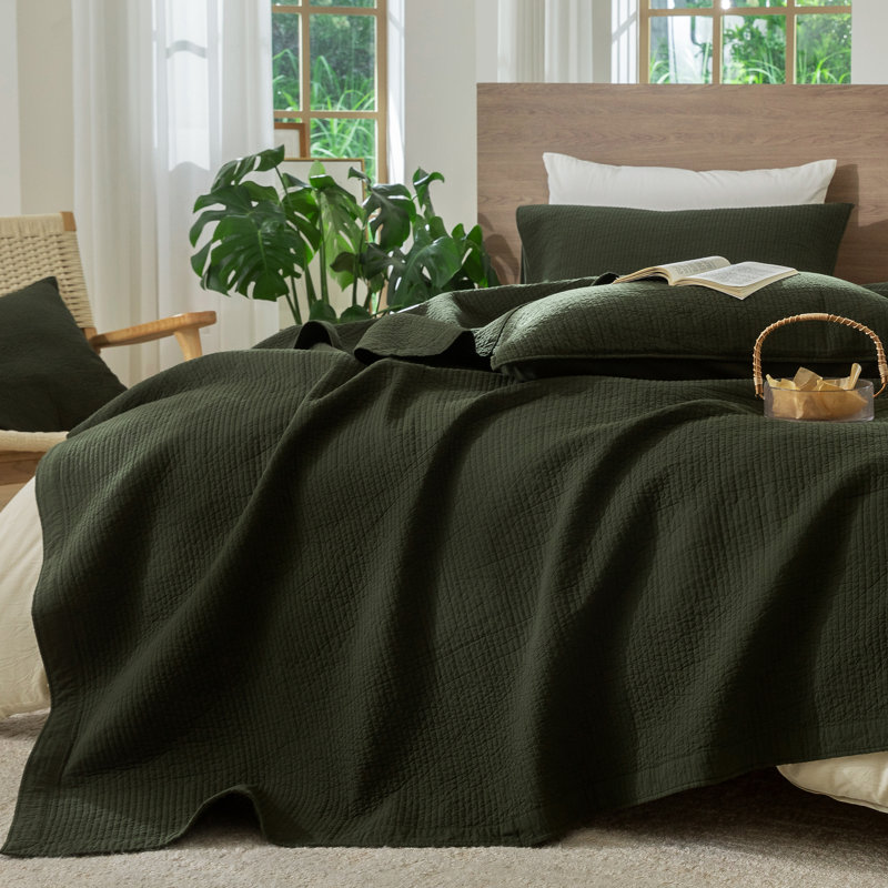 MooMee Lightweight Quilt Set 100% Washed Cotton Linen-Like Stripe Stitch Breathable All-season , King Quilt + 2 King Shams
