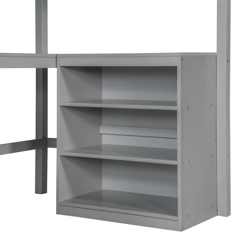 Lit mezzanine simple peu encombrant avec bureau et tablettes intégrés, Gris