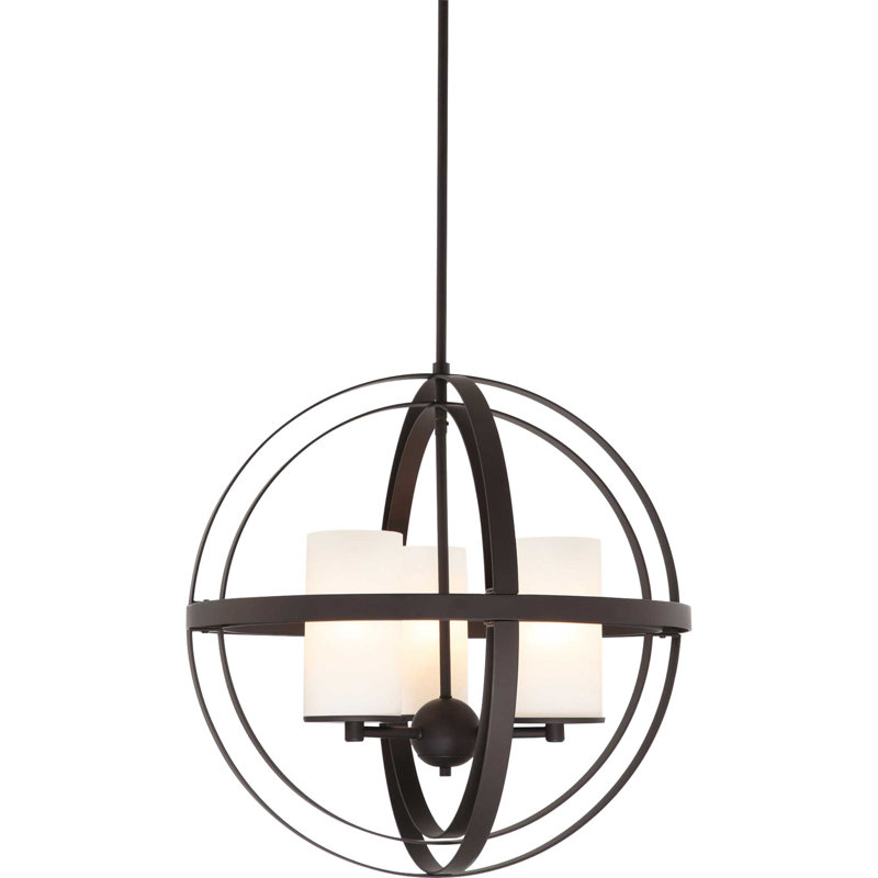 Lustre sphérique à 3 lumières avec abat-jour cylindrique en verre gravé blanc