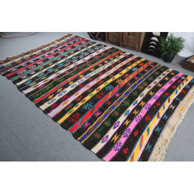 Vintage Handwoven Turkish Kilim Rug: Colorful Striped Bohemian Carpet with Geometric Pattern