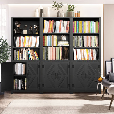 2PCS 5 Tier Bookshelf 71" Tall Bookcase With Doors Storage And 3-Tier Open Shelves Wood Farmhouse Bookshelves Cabinet Organizer For Living Room, Study, Kitchen, Home Office