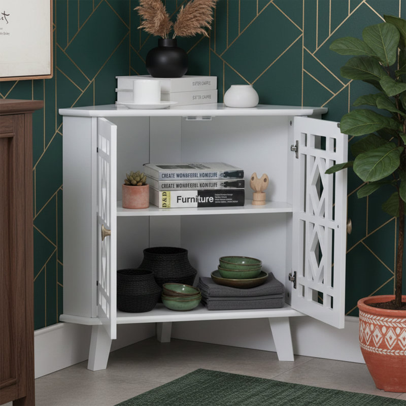 32" Wide Triangle Corner Storage Cabinet With 2 Carved Doors And Adjustable Shelf - Black, White