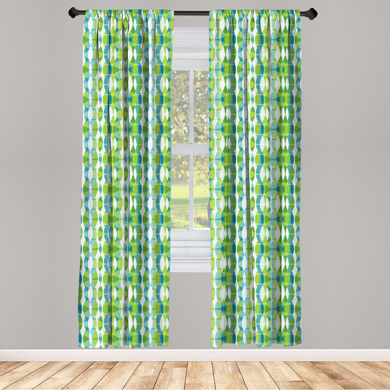 Grunge Curtains, Geometric Oval Shapes Elliptic Vertical Curves Nature Theme Pattern, Window Treatments 2 Panel Set For Living Room Bedroom Decor, Apple Green Turquoise Geometric Semi-Sheer Rod Pocket Curtain Panels