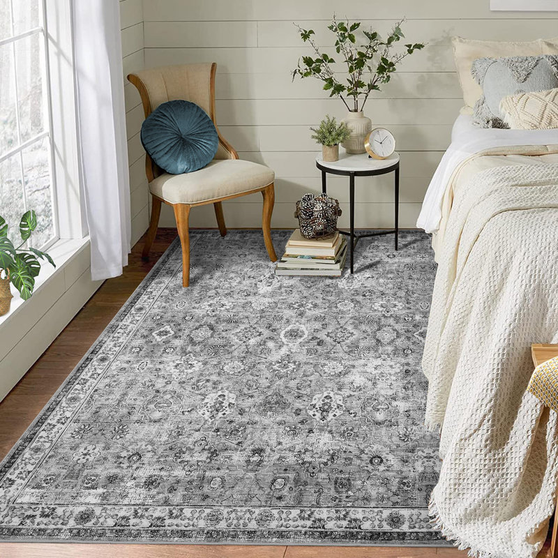 Tapis à motif floral rétro Boho, Grey, Runner 2' x 6'