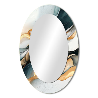 Abstract Golden Glacial Echo Of Liquid Reflections I - Abstract Oval Decorative Mirror On Metal