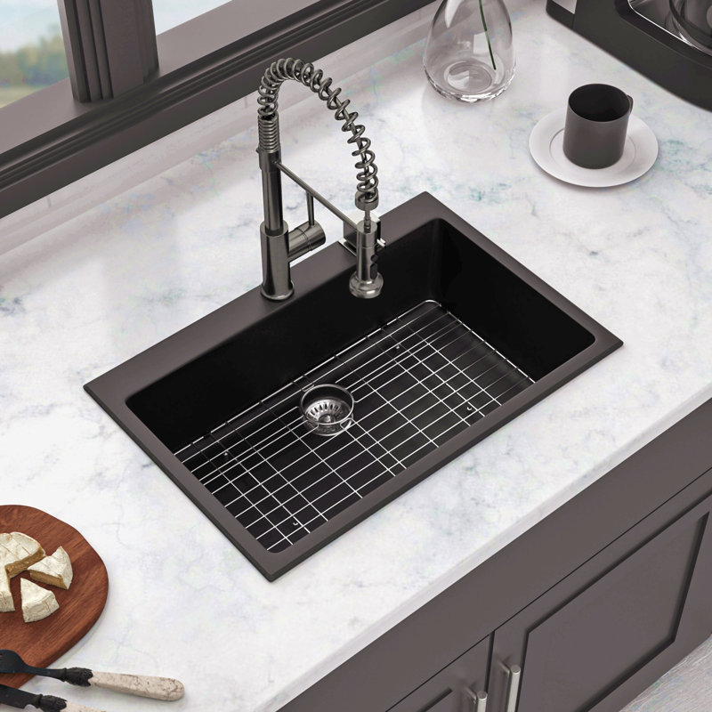Évier de cuisine en quartz - Évier de cuisine encastré en granite noir 33 x 22 po, Noir