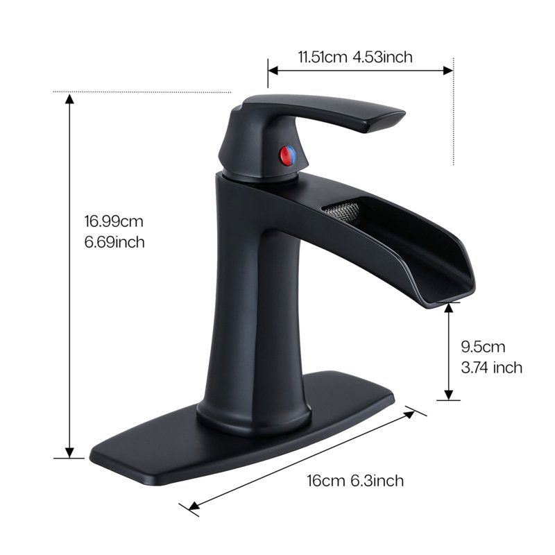 Black Waterfall Bathroom Faucet With Pop-Up Drain And Deck Plate - Single Handle Bathroom Faucet, Black