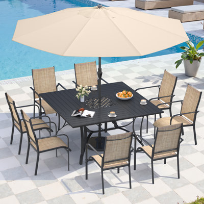 Ensemble de salle à manger 9 pièces pour patio, ensemble de table et chaises d'extérieur pour 8, 8 chaises en textilène, 1 table carrée en fer avec trou de parasol réglable (1,57 po - 1,97 po), ensemble de mobilier de patio pour terrasse, cour, pelouse, bord de piscine