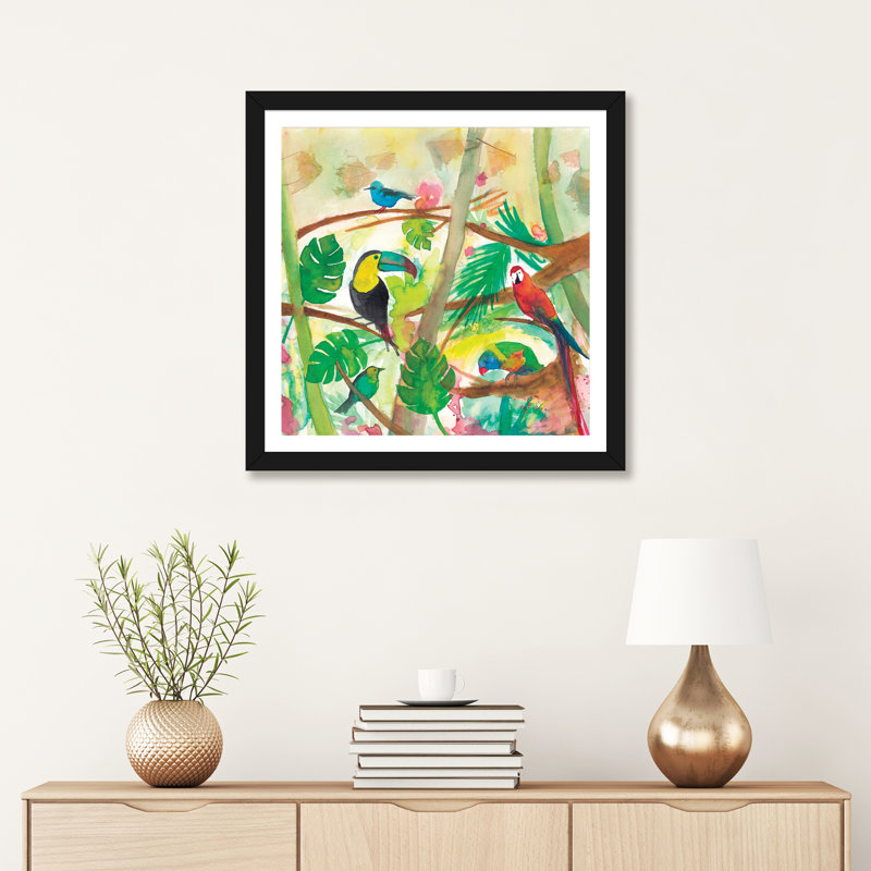 Oiseaux tropicaux - imprimé, H 24 po x l 24 po x p 1 po, Papier encadré noir, Blanc
