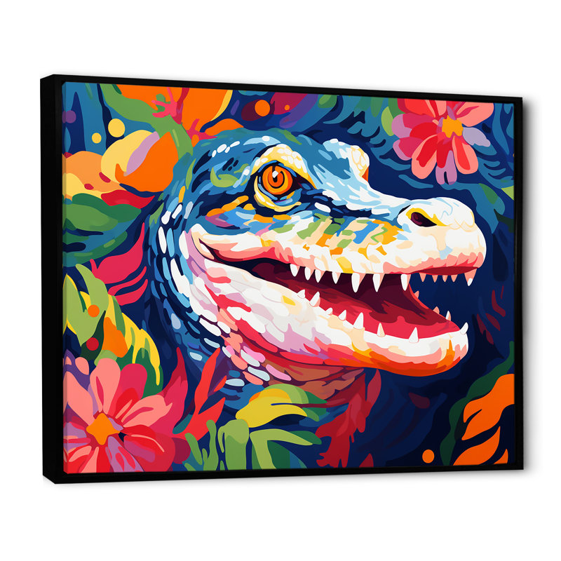 Popart alligator I, art mural crocodile, Cadre flottant noir, H 34 po x l 44 po x P 1,5 po