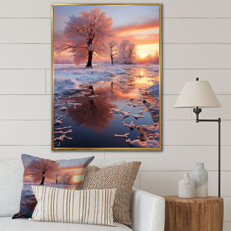 «White Fushia Winter Sunrise I», reproduction d'art sur toile, 44" H x 34" W, White Picture Framed