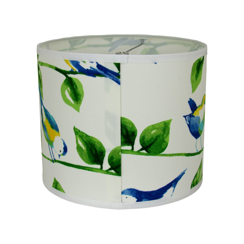 Abat-jour tambour en aquarelle bleu parfait - motif de branches vertes feuillues, H 11 po x l 14 po x P 14 po
