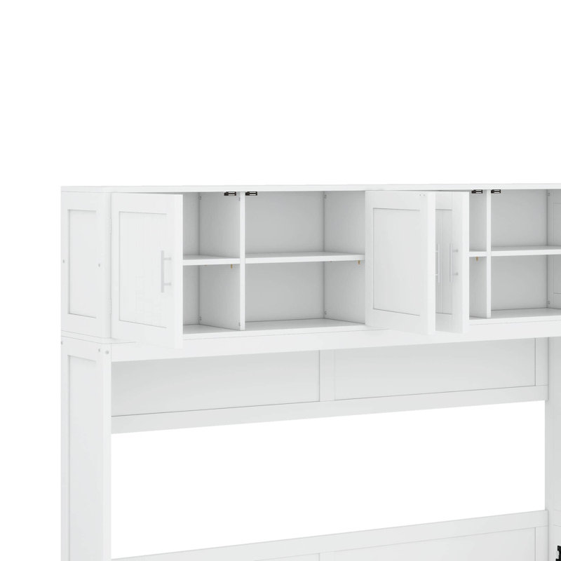Grand lit escamotable avec bureau, tablettes de rangement et armoires, Blanc