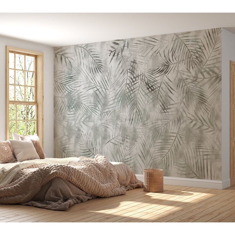 Murale botanique pelez et collez - Feuilles exotiques gris minimaliste, L 100 po x l 135 po