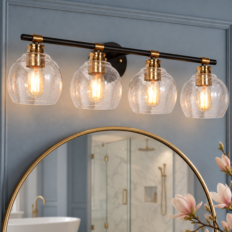Éclairage de salle de bain à 4 lumières à intensité variable noir / laiton avec verre bullé Mariello
