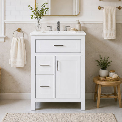 Meuble-lavabo de 61 cm (24 pouces) avec lavabo en céramique, structure en bois massif et armoire en MDF, meuble de rangement avec 1 porte, 2 tiroirs abattants, charnières à fermeture douce, tablette réglable et poignées.