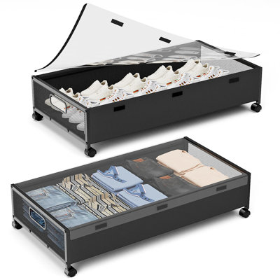 Under Bed Storage Containers With Wheels, 2 Pack Underbed Shoe Storage Organizer With Removable Lids, Large Rolling Under Bed Storage Dresser Drawers