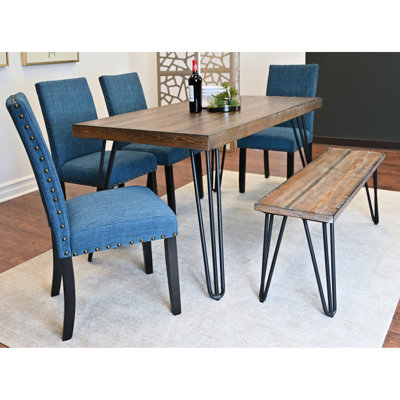 Ensemble 6 pièces pour salle à manger: table en épingle à cheveux avec pieds en bois, 4 chaises et banc, finition pin foncé, rectangulaire, 6 places assises: ensemble de siège rembourré