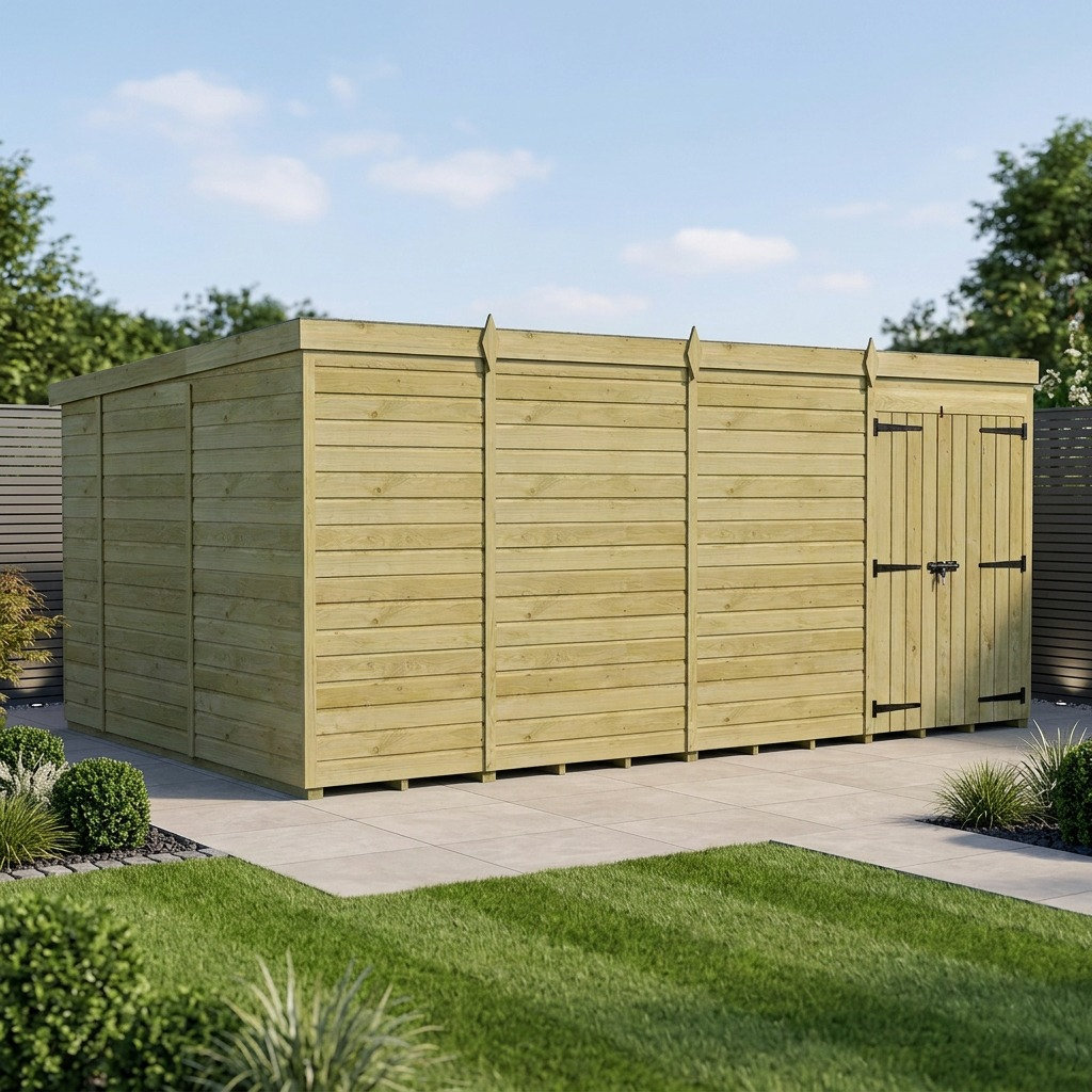 Total Sheds 15ft x 10ft Pent Garden Shed - Double Door - No Windows - Pressure Treated Timber - UK Manufactured
