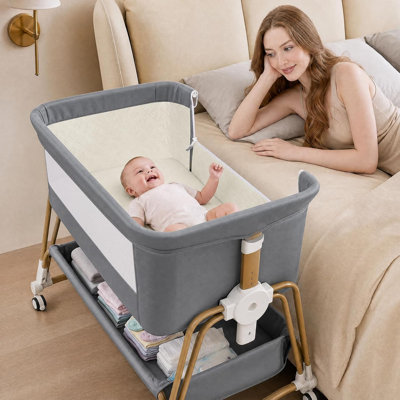 4 In 1 Baby Bassinet, Bedside Sleeper With Lockable Wheels,Mosquito Net And Matress, Height Adjustable Cradle For Newborn,Grey