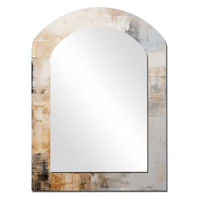 Or et beige Soft Fusion - grand miroir en forme d'arche, miroir mural décoratif asymétrique beige, impression d'art en métal