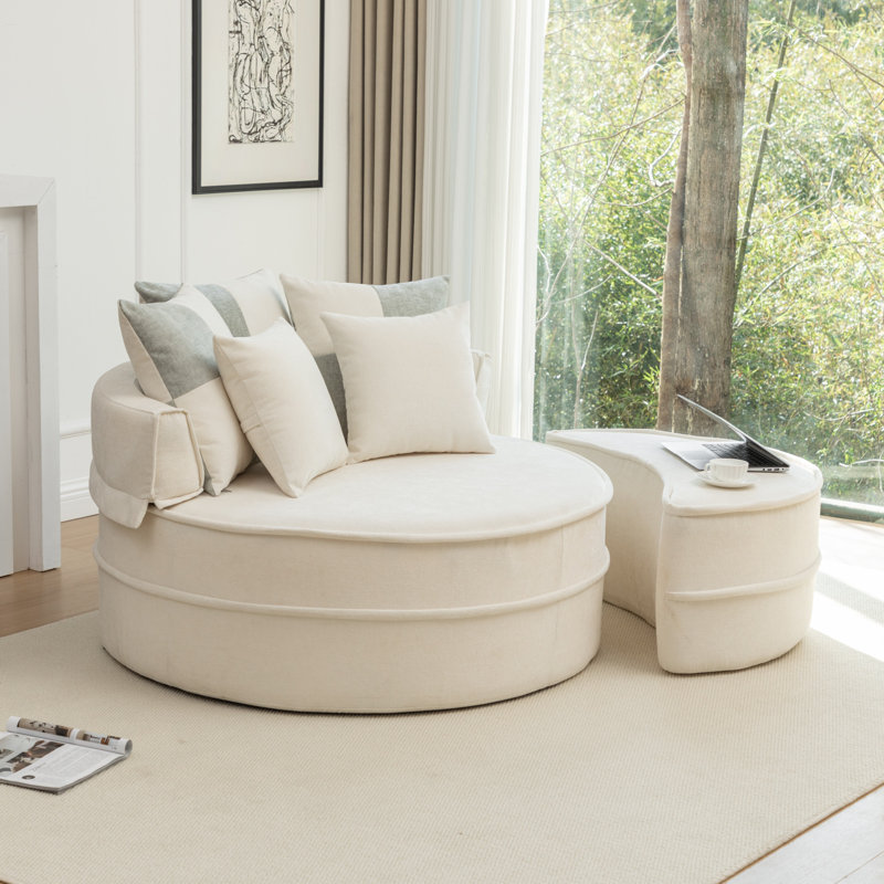 47.63" W Chenille Upholstered Round Lazy Chaise Lounge Sofa With Throw Pillows And Ottoman For Living Room, Beige
