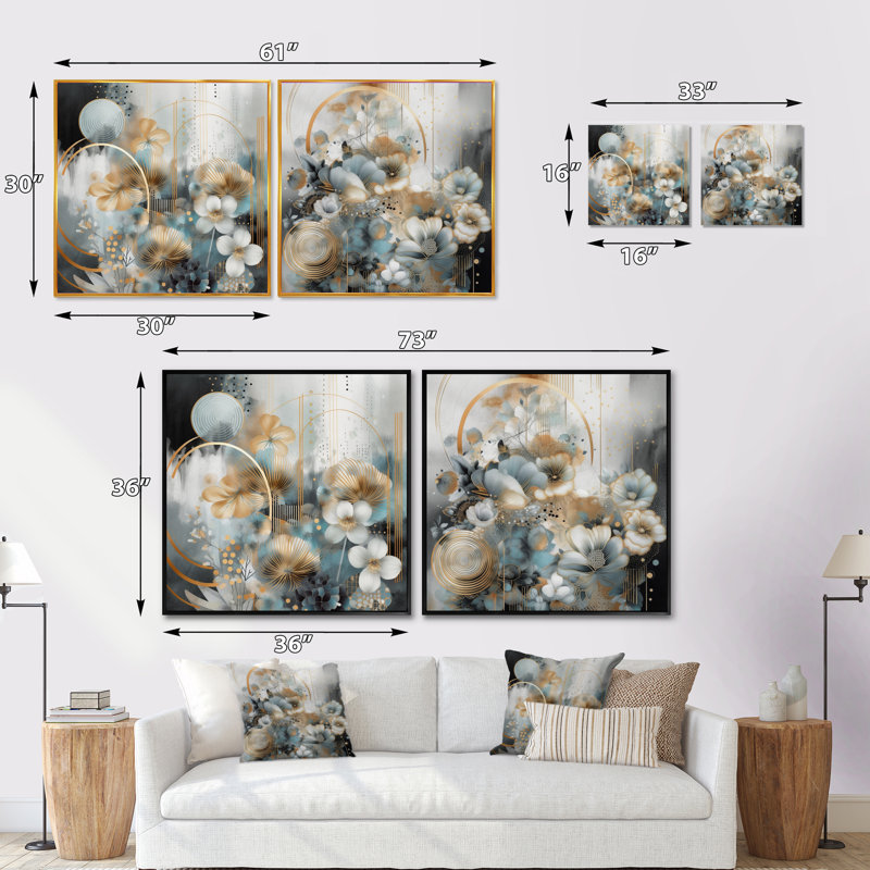 Golden Blue Silky Flower Design - Ensemble de 2 collages floraux carrés, Cadre flottant noir, H 16 po x l 33 po