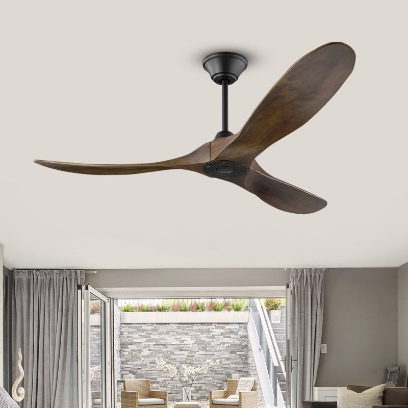 Solid Wood Ceiling Fan With Remote Control, 52", Black, Walnut