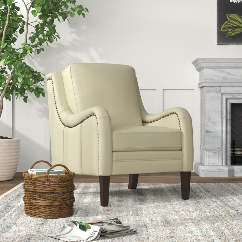 Amberlie 27.56" Wide Genuine Leather Armchair, Beige Genuine Leather