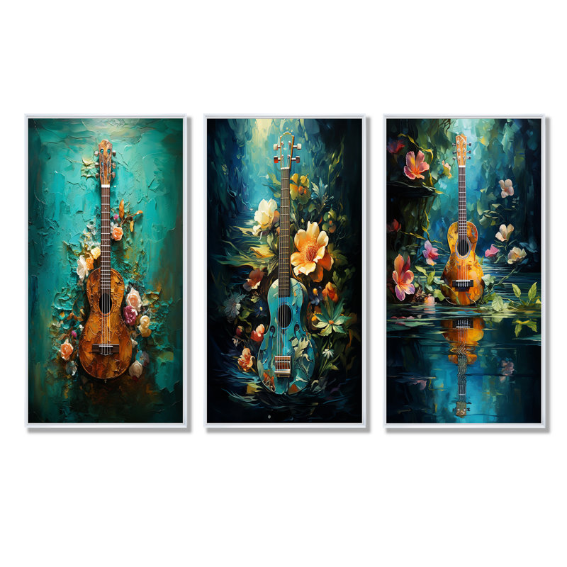 Guitare tropicale euphonique - ensemble de 3 décorations murales, H 28 po x l 36 po, Cadre flottant blanc