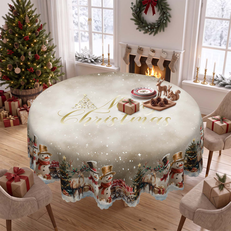 Grayish-White Washable Christmas Snowman Pattern Polyester Tablecloth