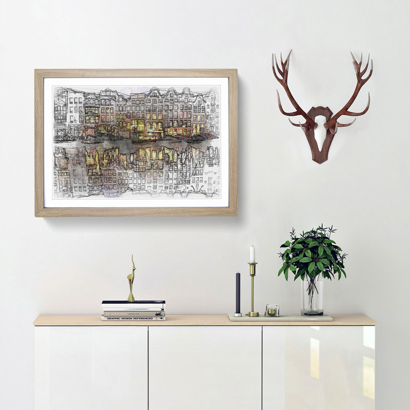 Amsterdam at Night in Abstract - Picture Frame Graphic Art Print, Oak Framed, 62cm H x 87cm W x 2cm D