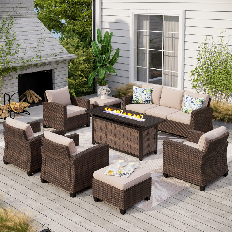 Argyri 9 - Person Outdoor Wicker Patio Conversation Furniture Set with Optional Fire Pit Table, Yes